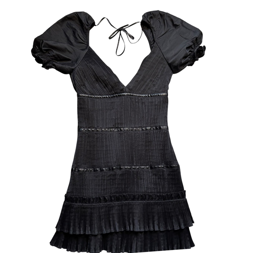 ASOS Black Pleated Mini Dress V-Neck Puff Sleeve Tiered Ruffle US 2 10634017